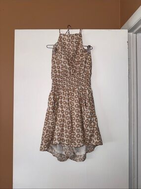 American Eagle Smocked Waist Floral Romper in Tan & Cream